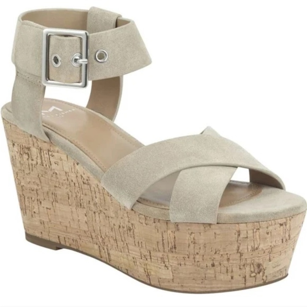 Marc Fisher Cacie Tan Suede Ankle Strap Cork Wedge Sandals